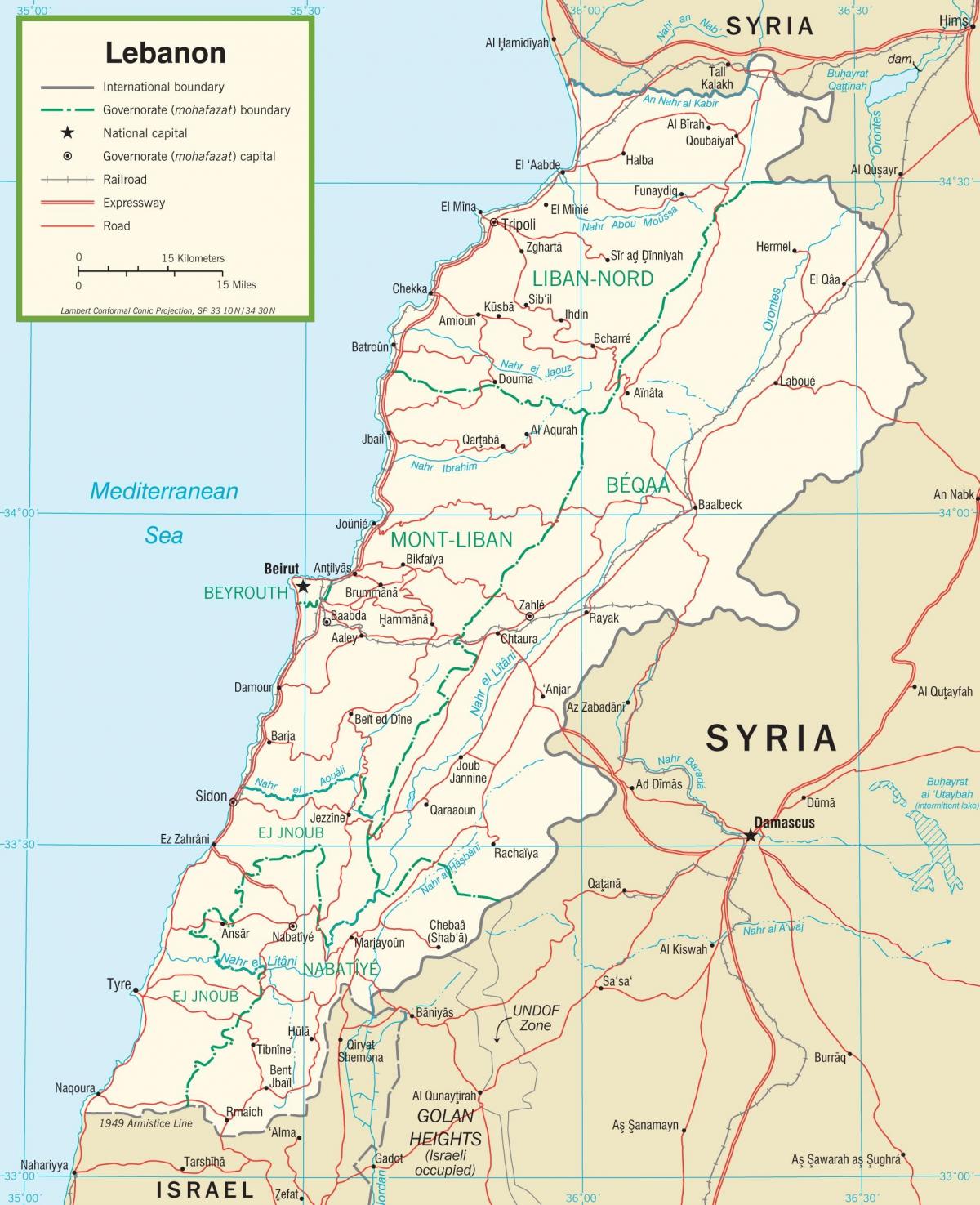Libanon silnice mapa