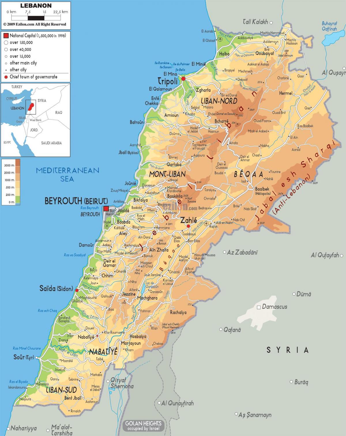mapa Libanonu fyzické