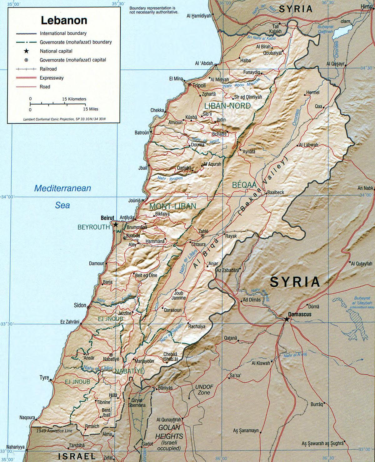 mapa Libanonu geografie