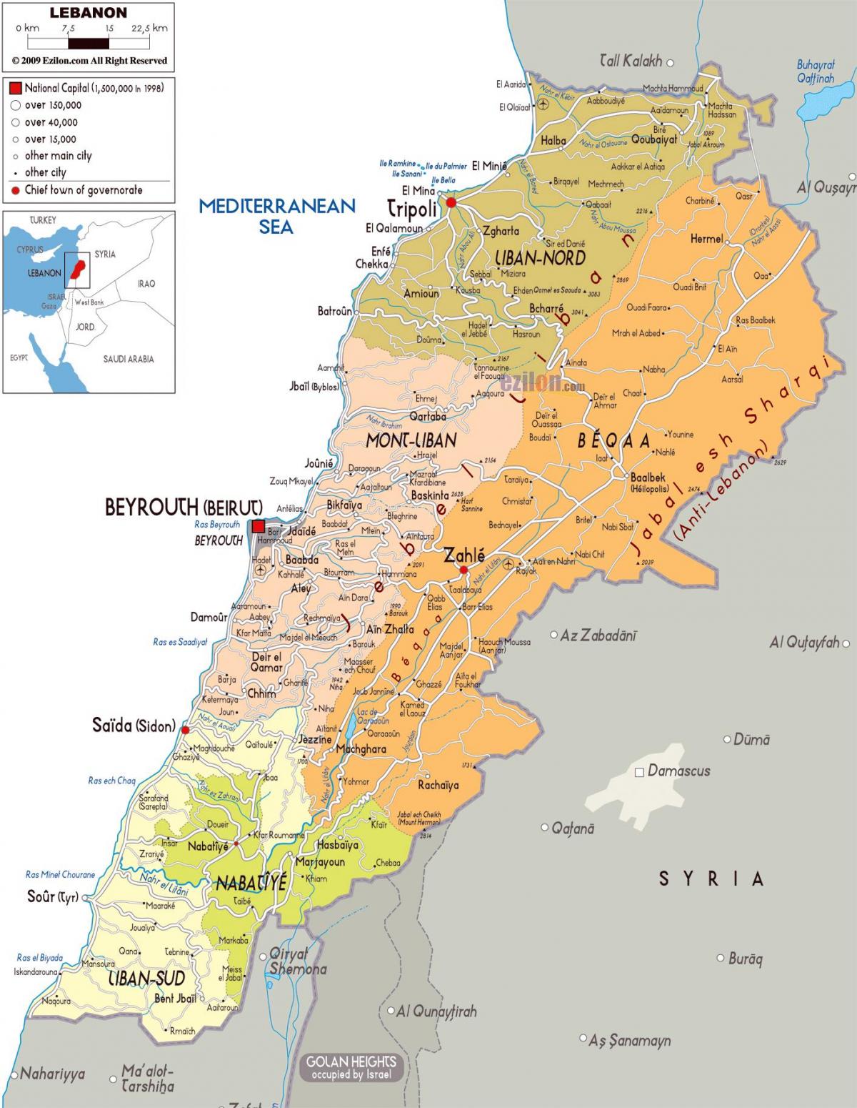 Libanon mapa podrobná