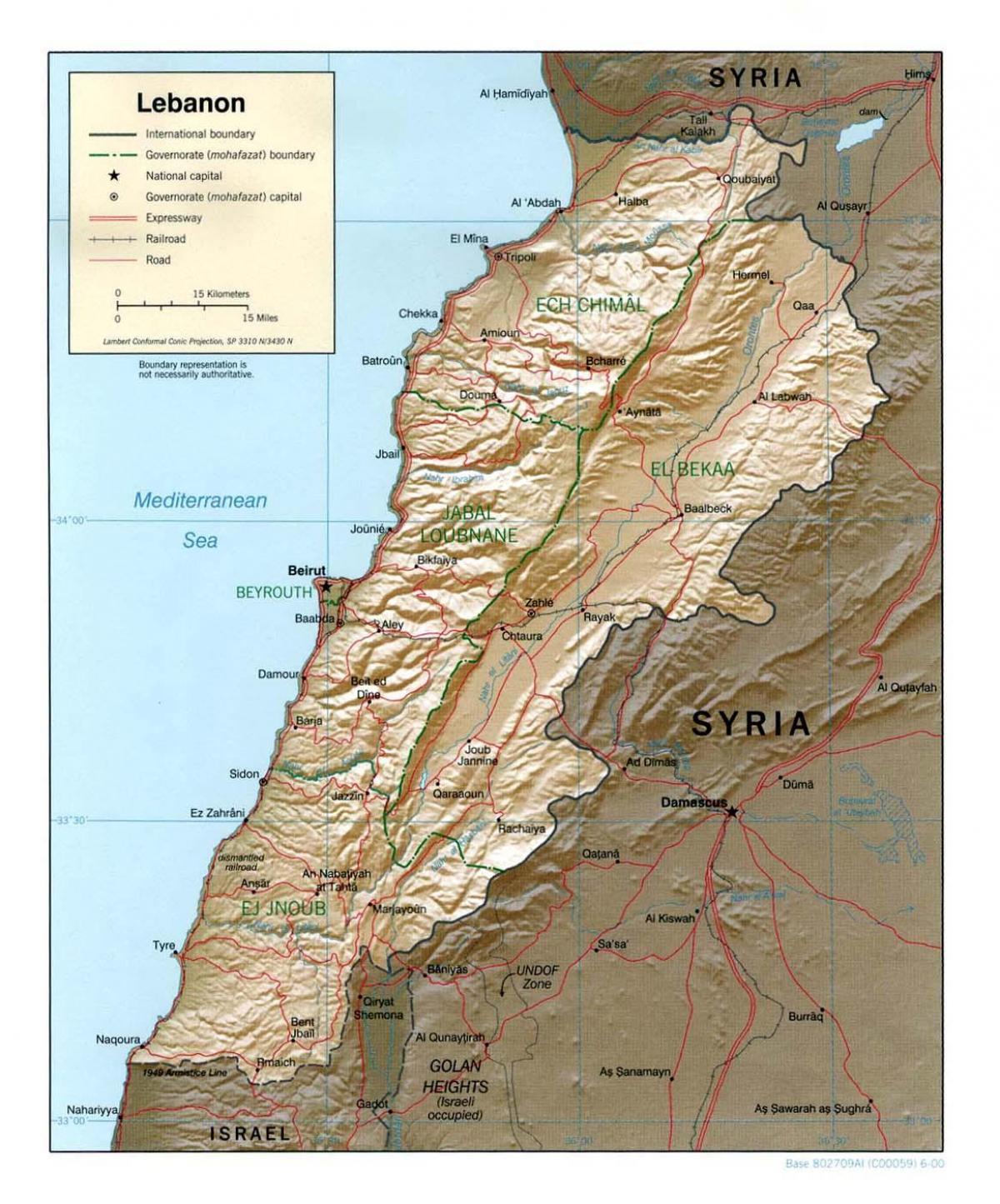 mapa Libanonu topografické