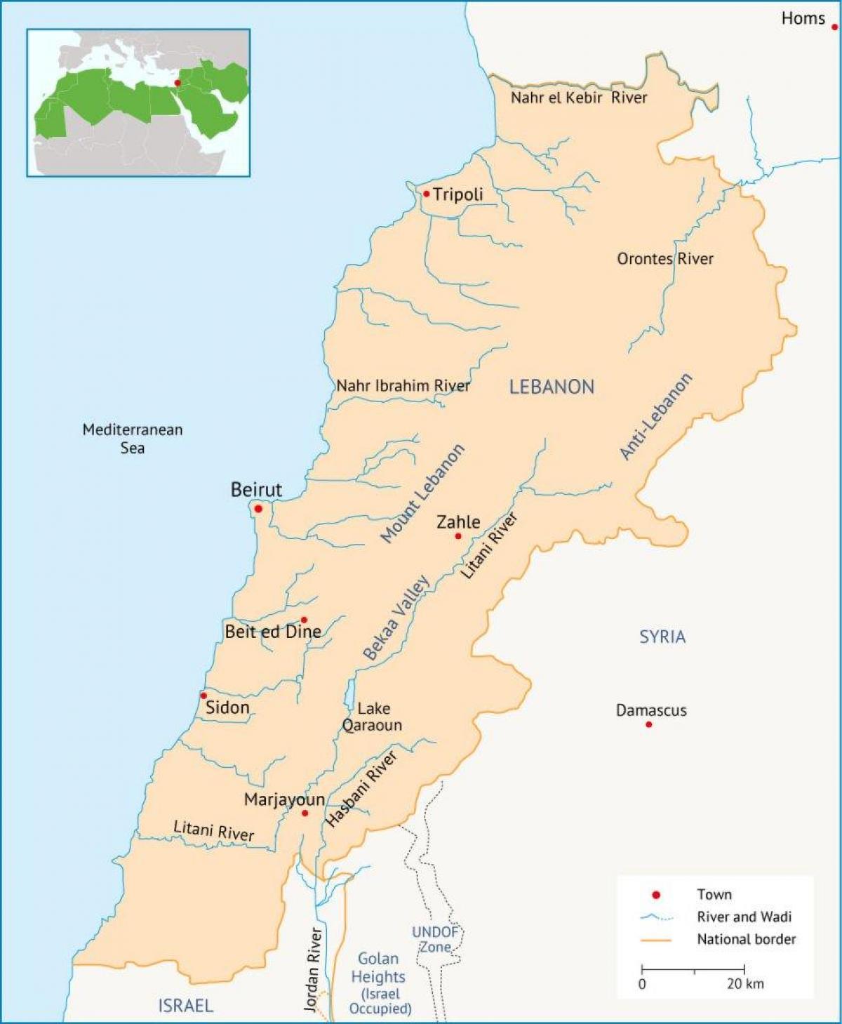 Libanon řeky mapě